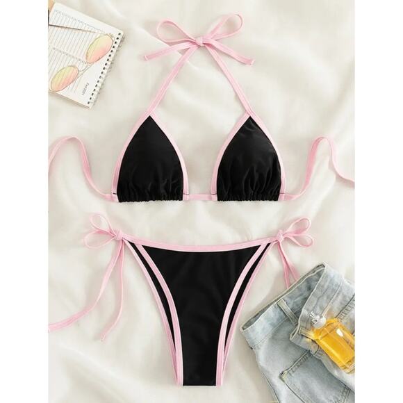 Black String Bikini Set w/Pink Contrast Trim Small - Picture 1 of 5